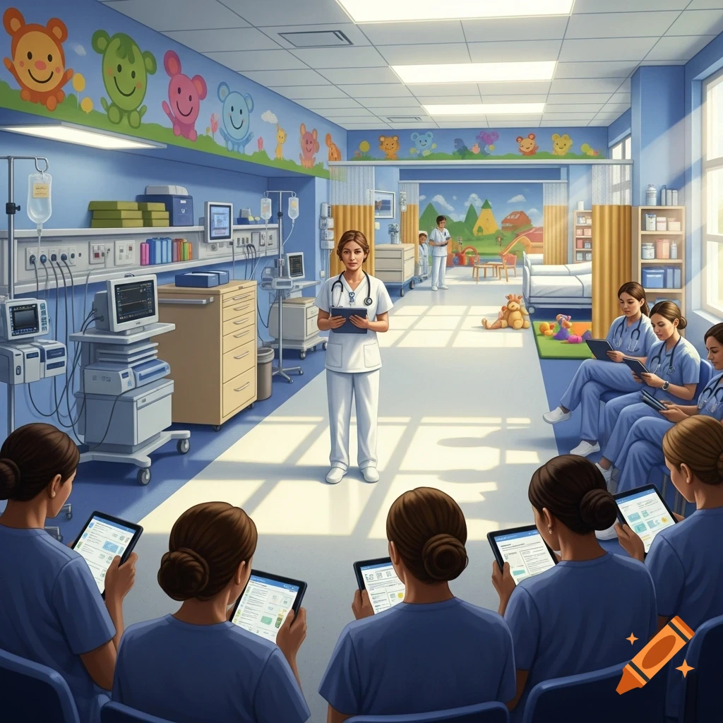 Nursing orientation in a pediatric surgical inpatient unit, with a nurse instructor and several nurses learning from tablets.