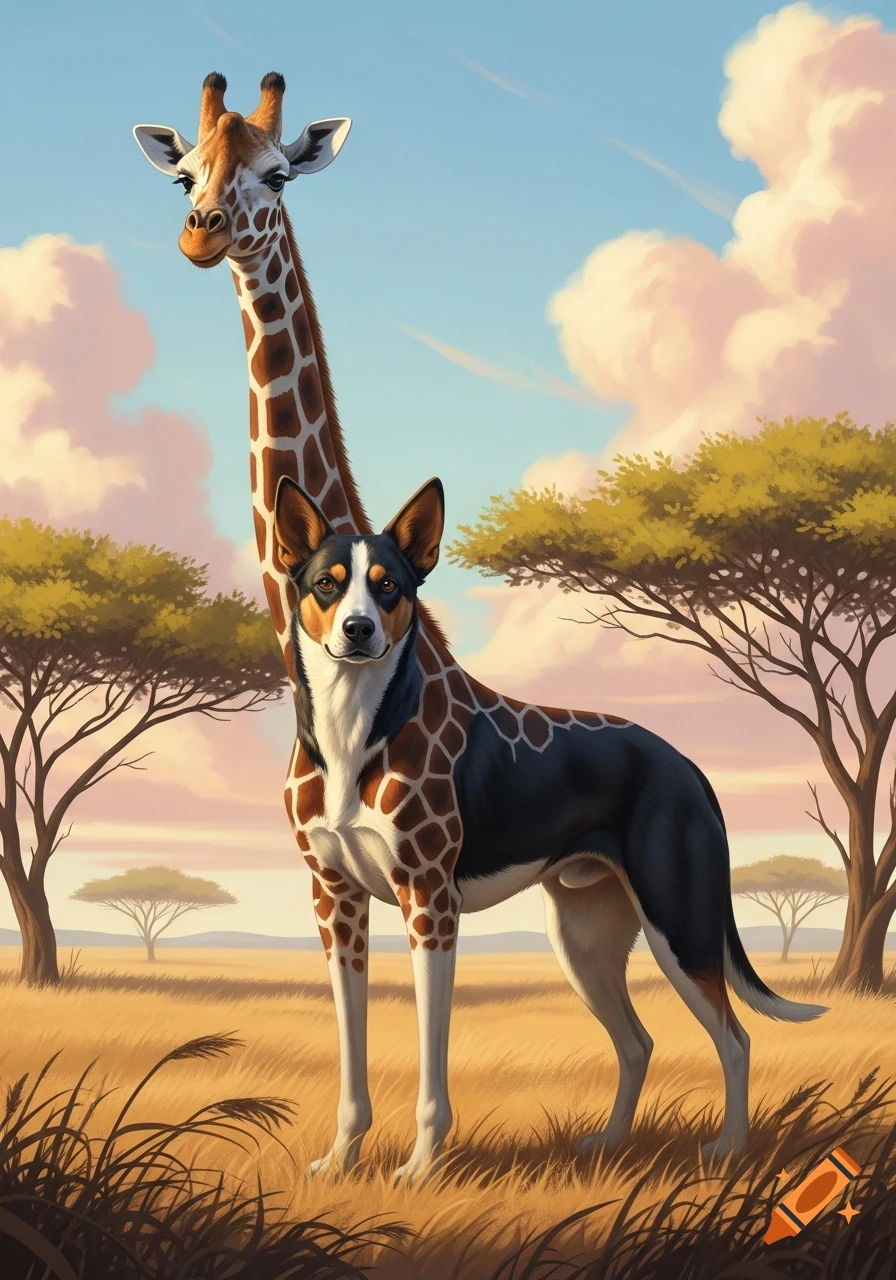 A creative fusion of a giraffe and a dog stands in a sunny savanna landscape with acacia trees and a blue sky with pink clouds.