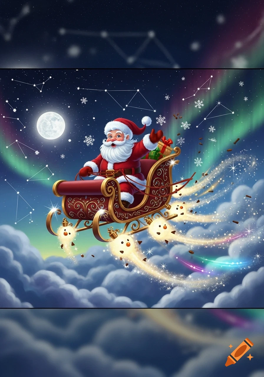 A jolly Santa Claus in his sleigh, pulled by glowing spirits, flies through a magical night sky with a full moon and aurora.