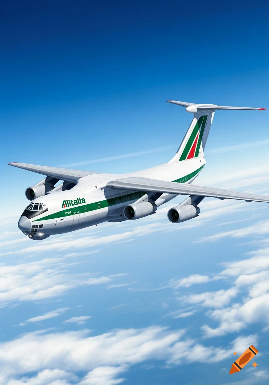 A white and green Alitalia Ilyushin il-76 airplane with four engines flies high above white clouds in a bright blue sky, viewed from below.