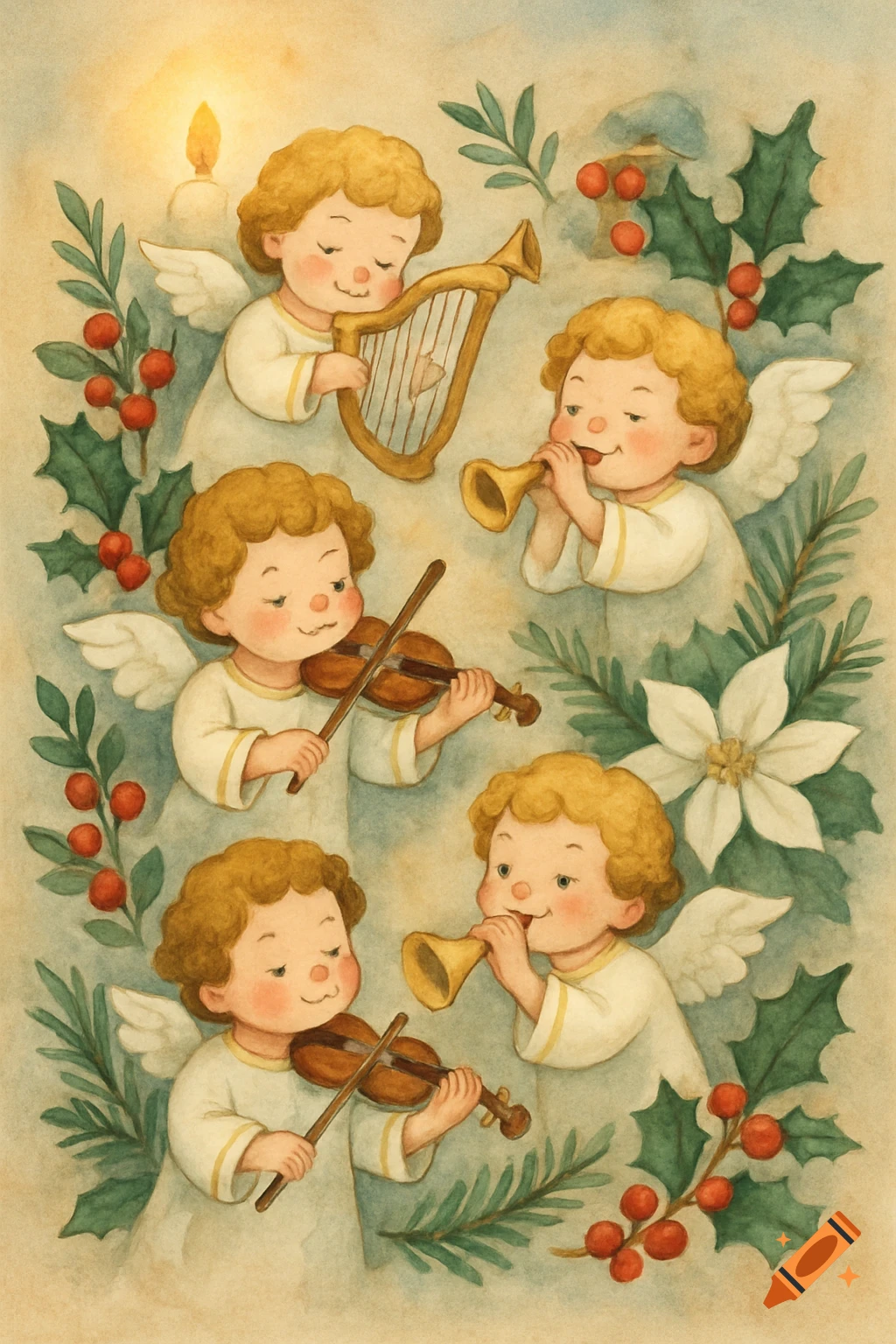 Watercolor illustration of five cherubic angels playing musical instruments, surrounded by festive holly and poinsettia.