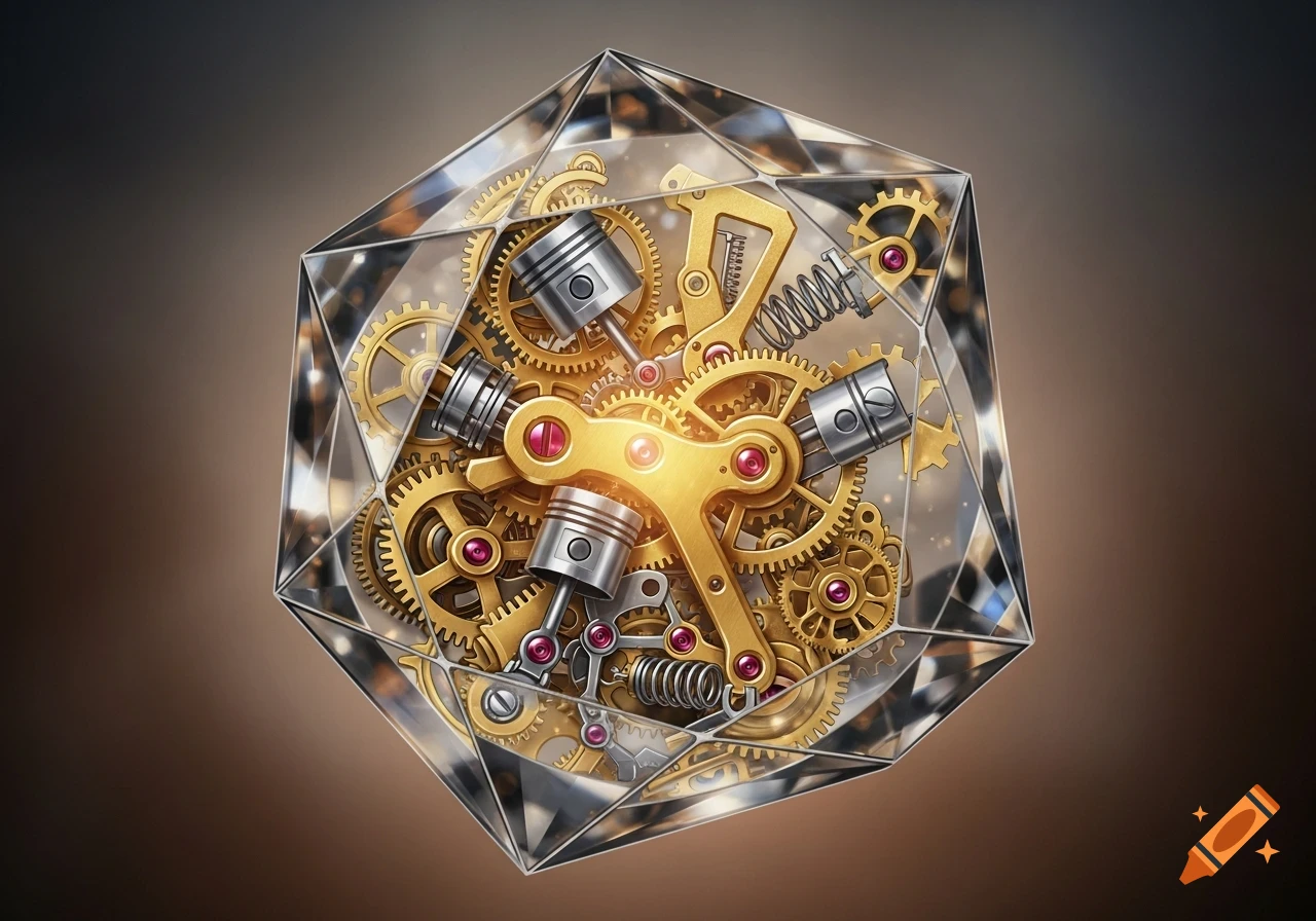 Intricate golden gears, silver pistons, and springs are encased within a sparkling, multifaceted crystal gem on a gradient background.