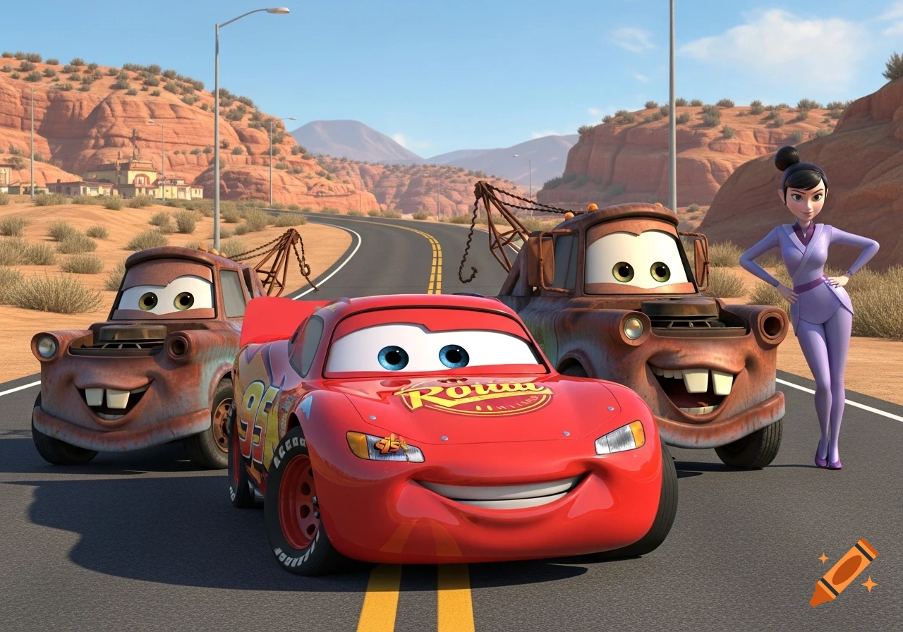 A high-quality 3D Pixar-style rendering of Lightning McQueen, Tow Mater, and Holley Shiftwell on a desert road.