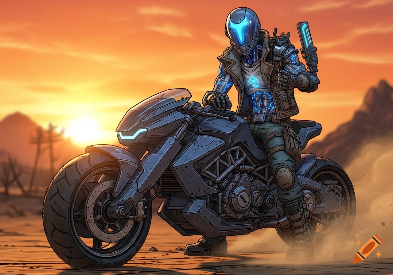 A futuristic cyborg motorcyclist on a sci-fi bike in a post-apocalyptic desert against an orange sunset, in Borderlands-style comic art.