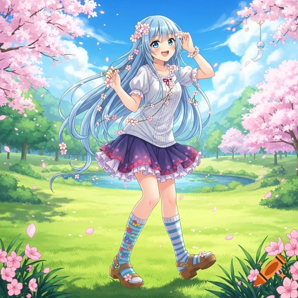 An anime girl with blue hair in a white shirt and purple skirt walks through a spring landscape with pink cherry blossoms and a pond.