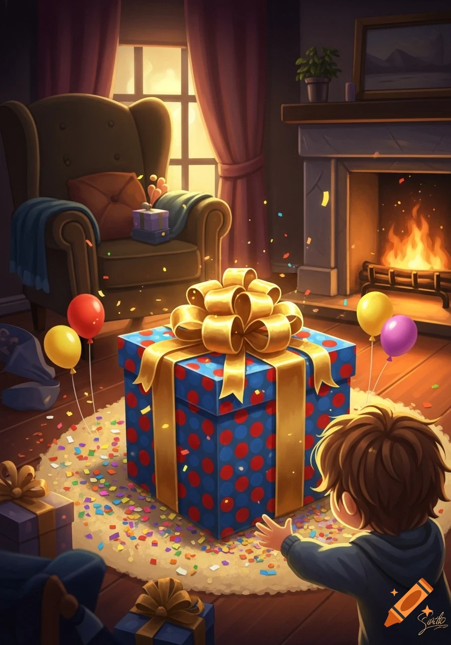 A stylized illustration of a child reaching for a large blue polka-dotted gift with a gold bow in a warm room filled with confetti and balloons.