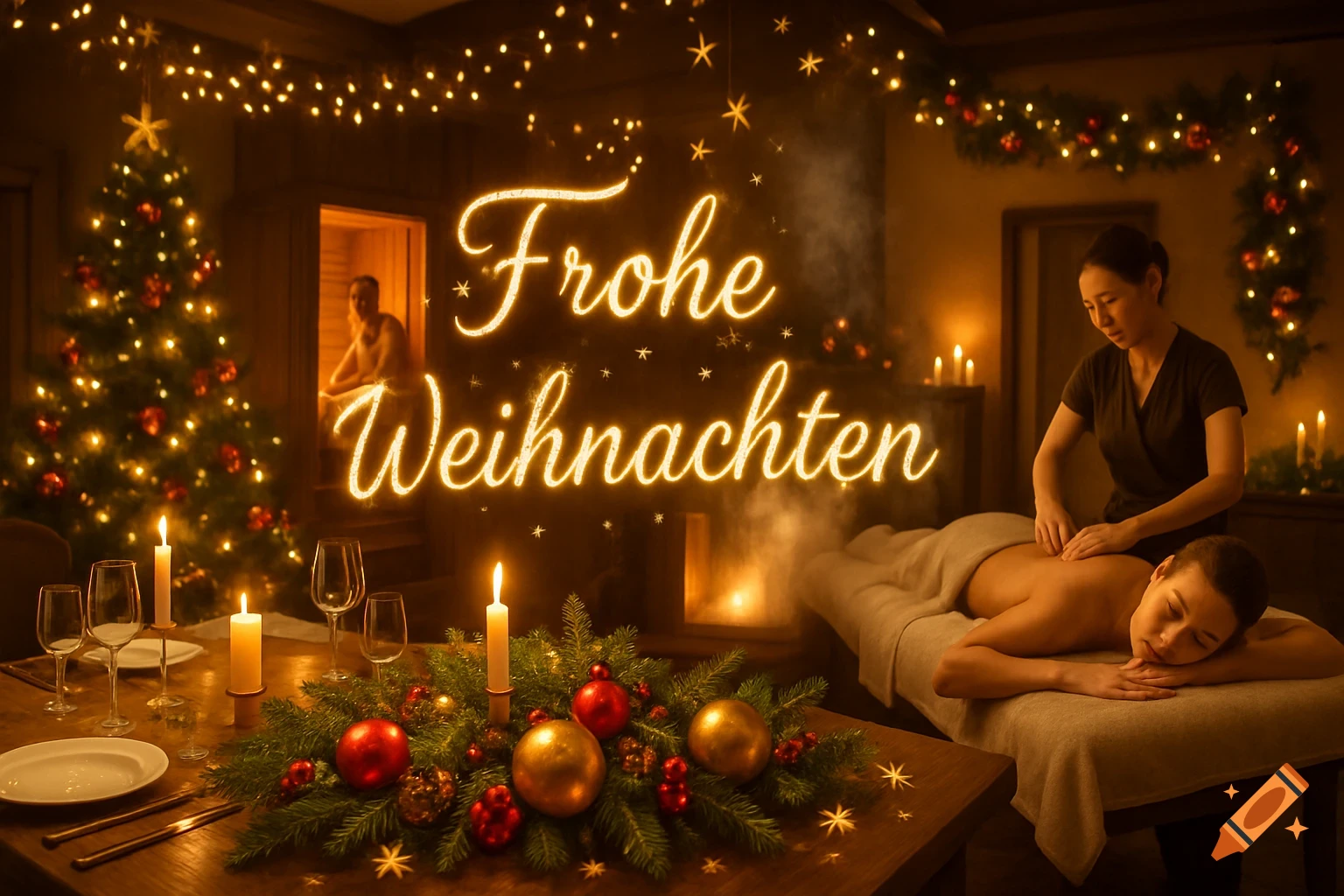 A festive Christmas spa scene with a person getting a massage, another in a sauna, a decorated tree, and 'Frohe Weihnachten' text.