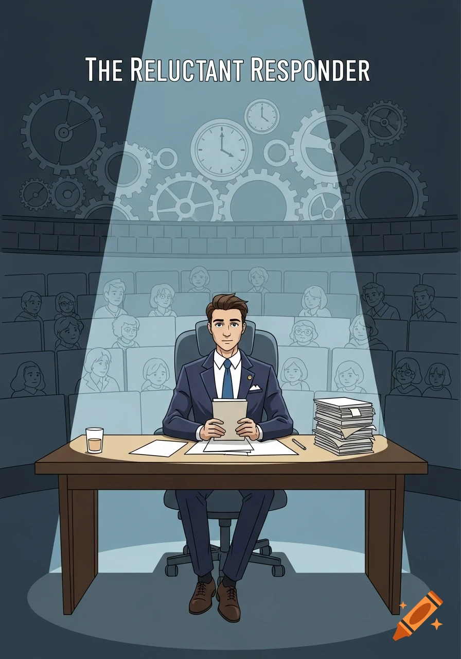 Illustration of a man in a suit under a spotlight at a table in a presentation hall, text 'THE RELUCTANT RESPONDER' above.