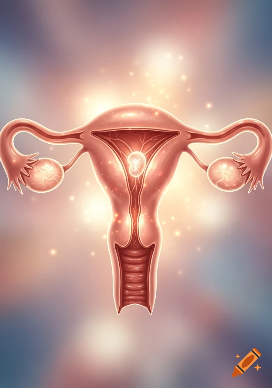 A detailed medical illustration of a human uterus with a glowing embryo inside, set against a soft, luminous background.