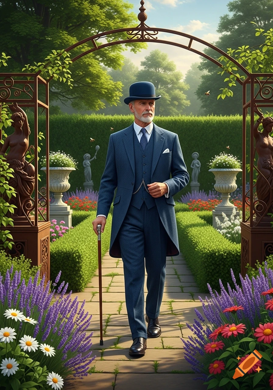 A distinguished man in a dark blue tweed suit and bowler hat walks with a cane through a lush, formal garden.