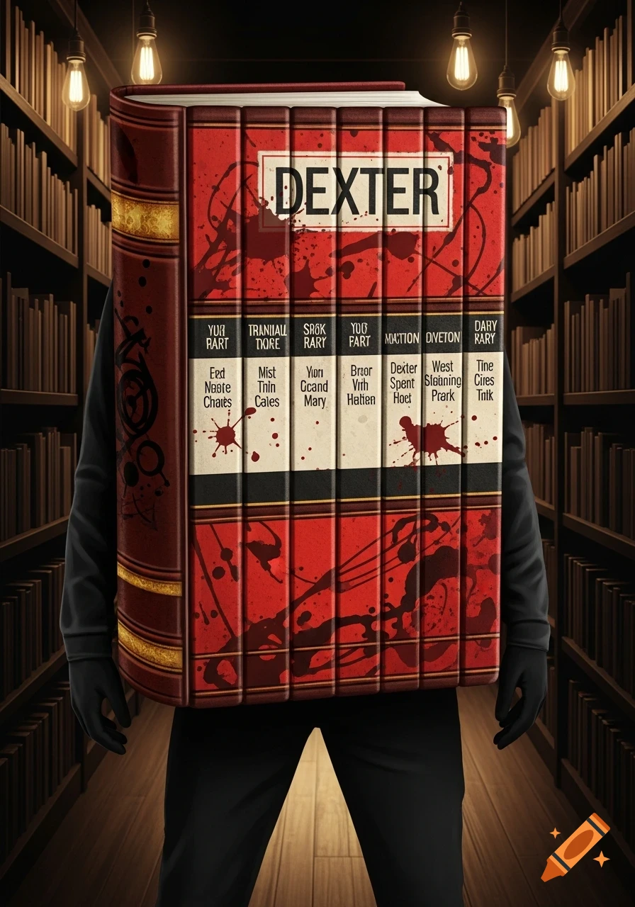 A person in a black outfit wears a costume made of a large red book with blood splatters and the title "DEXTER" on the spine, standing in a library lined with books and lit by hanging Edison bulbs.