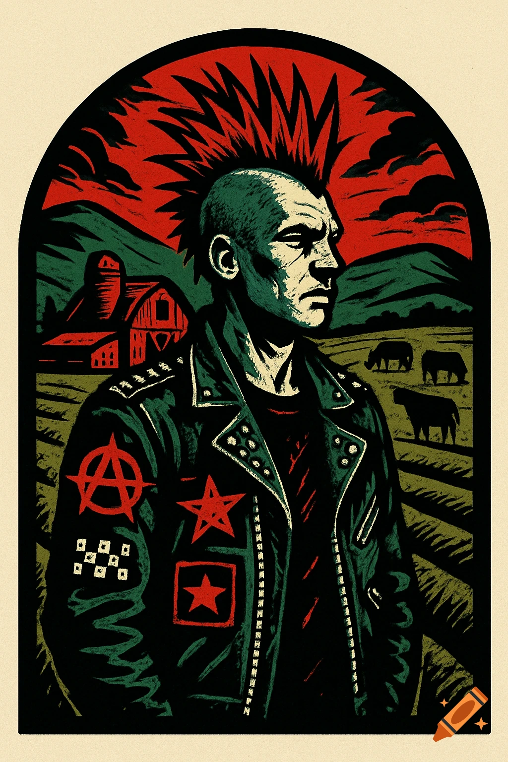 Stylized illustration of a punker with a mohawk in a rural landscape with a barn and cows, in a window-like frame.
