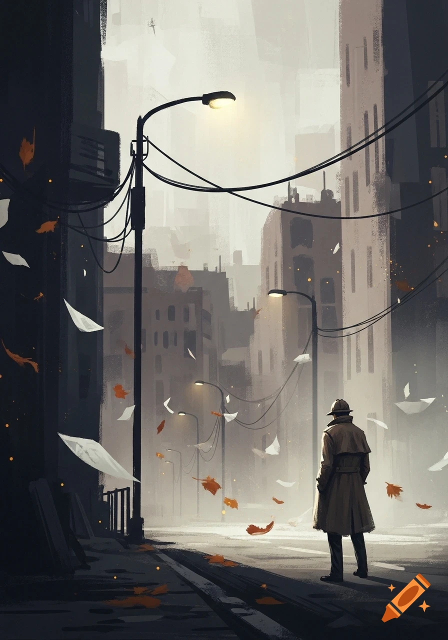 A lone figure in a trench coat walks through a misty, painterly city street with falling leaves and papers.
