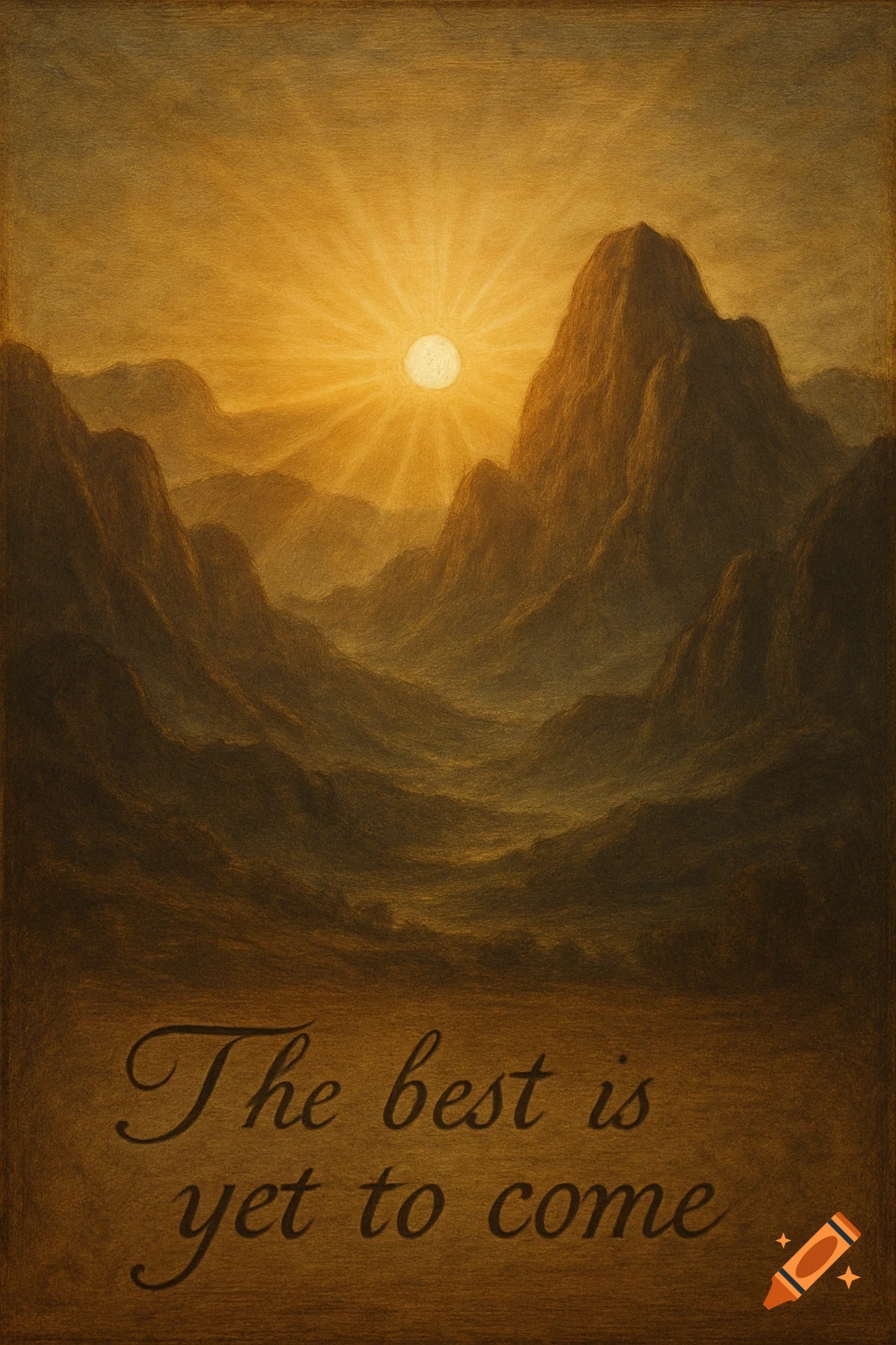 A textured painting of a bright sunrise over dark mountains and valleys with the text 'The best is yet to come' at the bottom.
