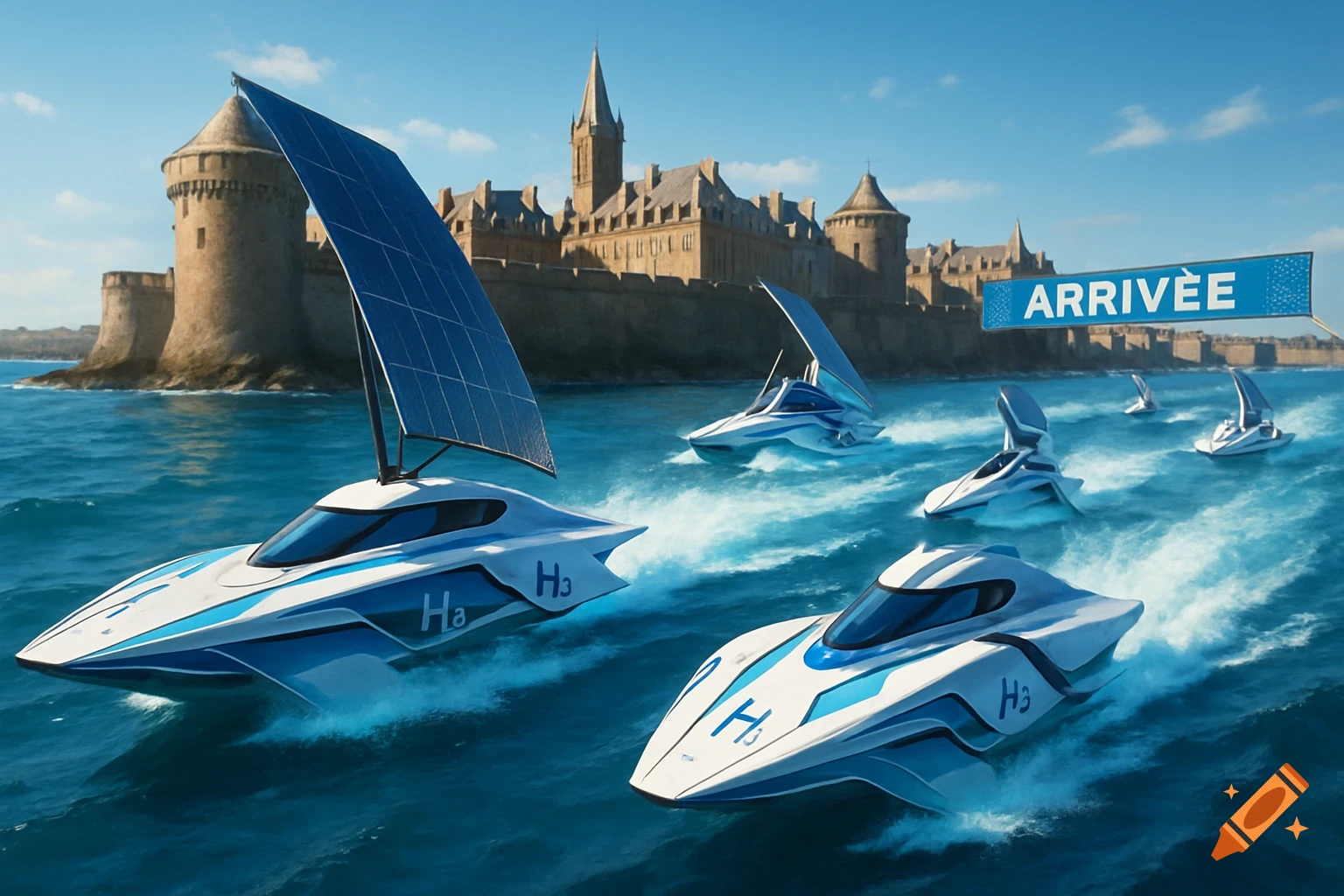 Futuristic white and blue electric boats, some with solar panel sails, race past a historic walled city with a finish line banner that reads "ARRIVÉE".