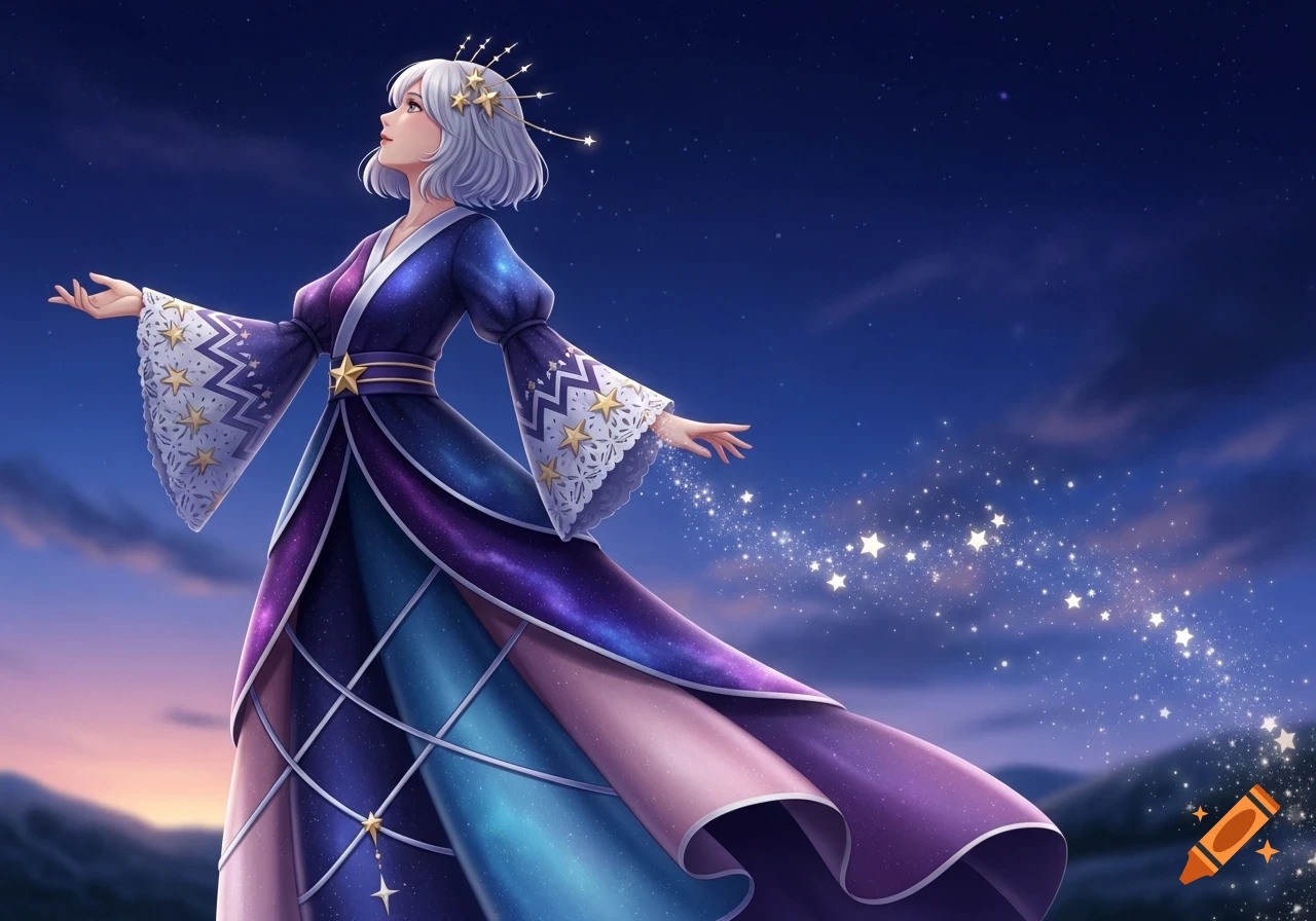 A beautiful anime girl with short white hair, wearing a flowing purple, blue, and pink celestial dress adorned with stars, gazing up at a starry night sky. The dress trails sparkling stars.