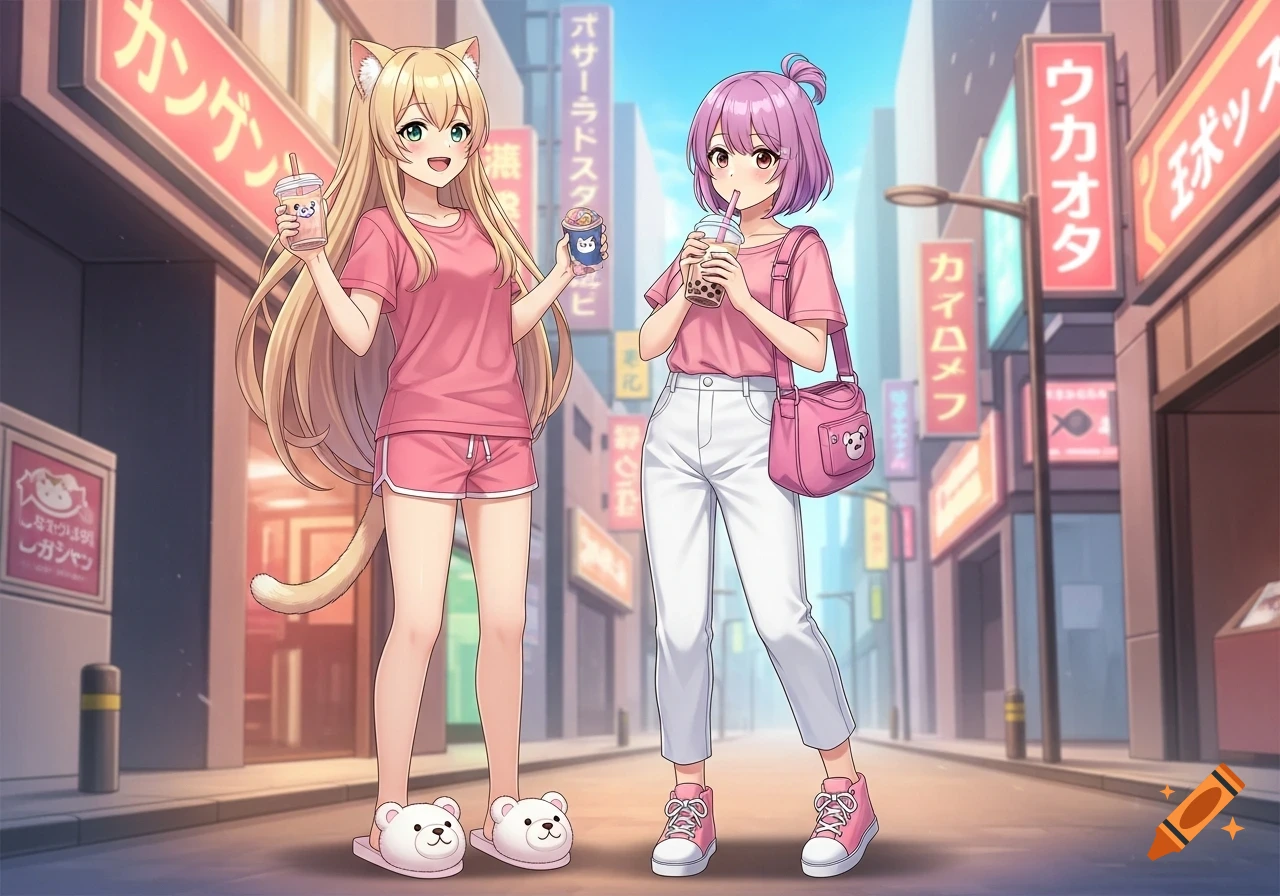 Two anime girls, one with cat ears and tail, the other with pinkish-purple hair, stand on a city street holding boba teas.