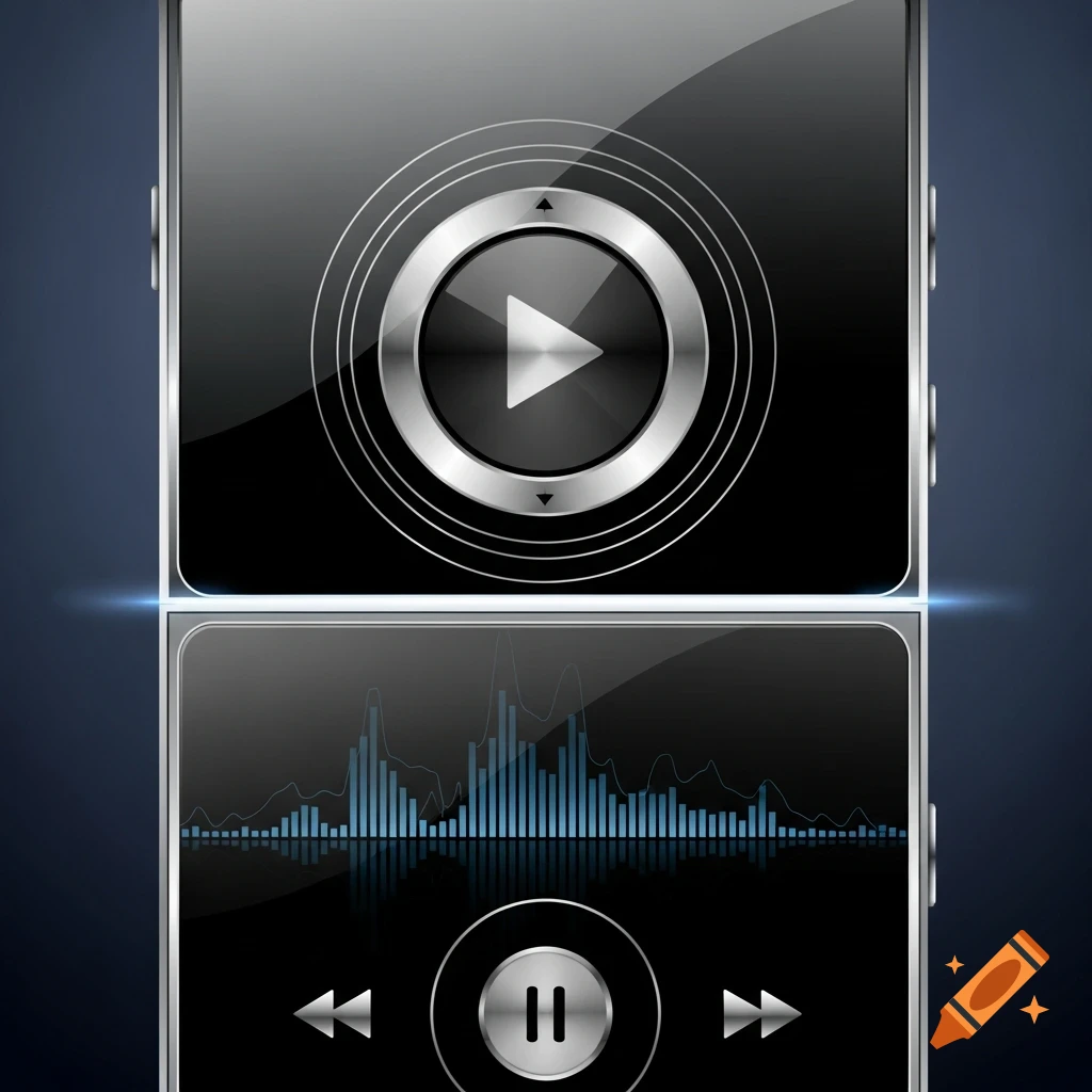 A sleek black digital media player interface with play, pause, and track controls, and an equalizer display.