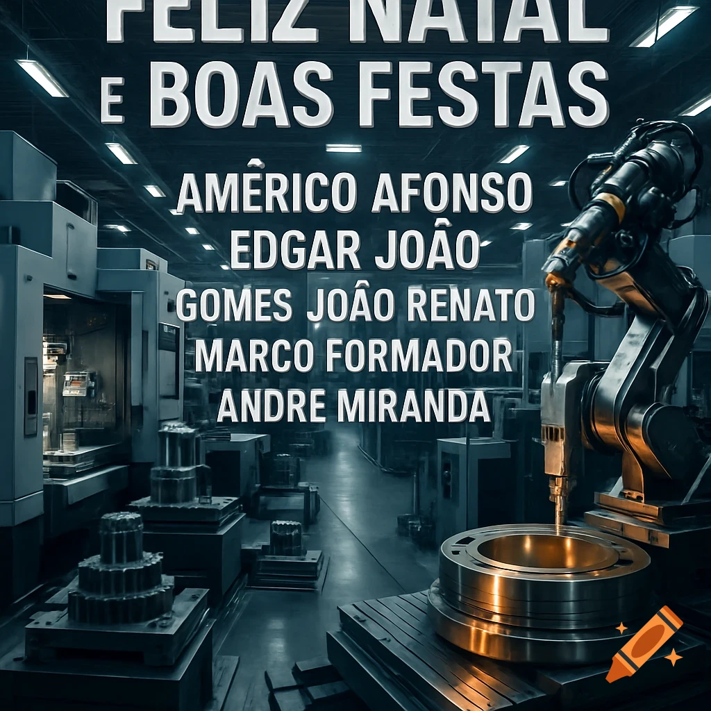 An industrial factory floor with CNC machines and metal parts. Text reads "Feliz Natal e Boas Festas" above a list of names.