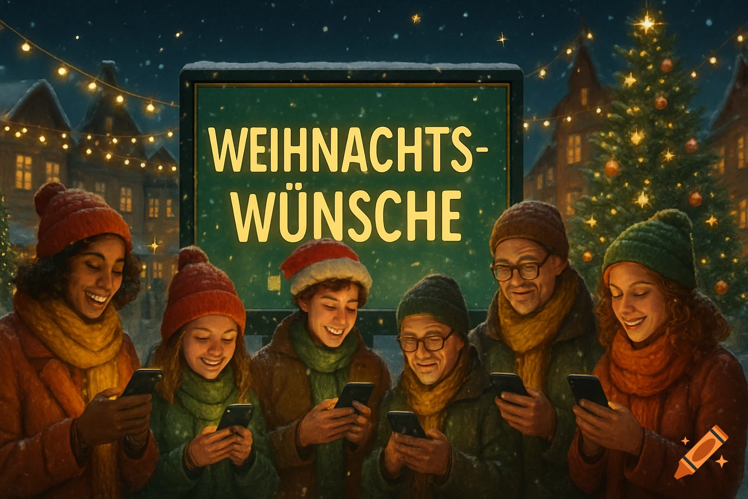 A group of smiling people in winter clothes look at their phones on a snowy Christmas street, beneath a sign reading 'WEIHNACHTS-WÜNSCHE' and festive lights.