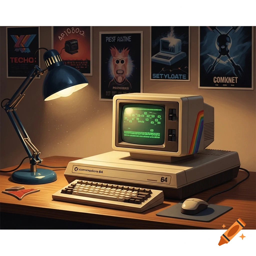 A retro desk setup featuring a Commodore 64 computer, monitor, keyboard, and mouse, illuminated by a blue desk lamp. Posters are on the wall.