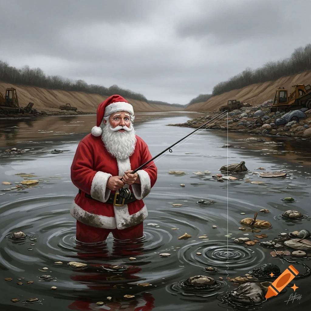Santa Claus fishes in a heavily polluted river, standing in the murky water with trash floating around and industrial waste on the banks.