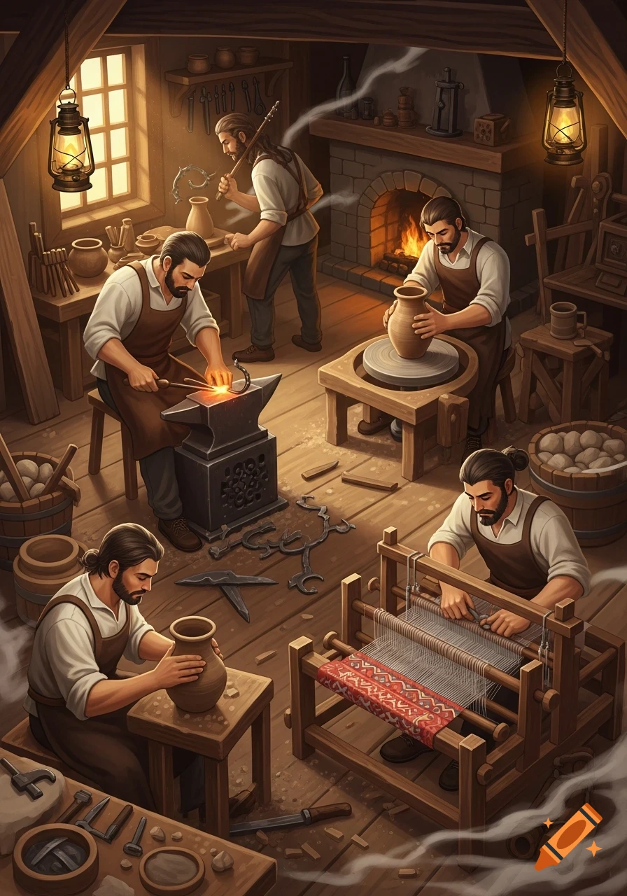 Multiple artisans practice blacksmithing, pottery, and weaving in a rustic, candlelit workshop, rendered in a detailed illustrative style.