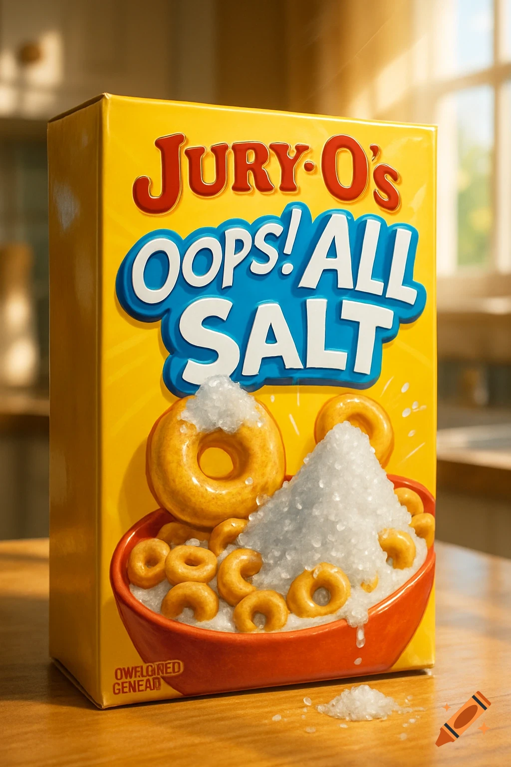 A photorealistic box of yellow cereal named "Jury-O's Oops! All Salt" with an image of cereal O's and a large pile of salt in a red bowl.