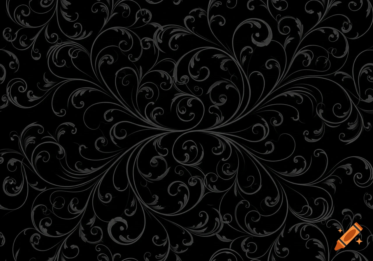 An elegant, dark gray floral vine pattern on a black background.