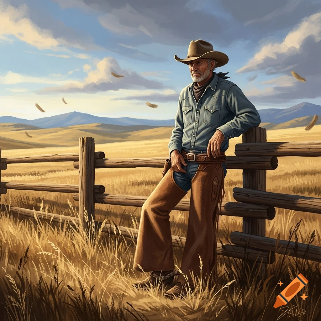 An old cowboy in a hat and chaps leans on a wooden fence in a dry, grassy field with rolling hills under a cloudy sky.
