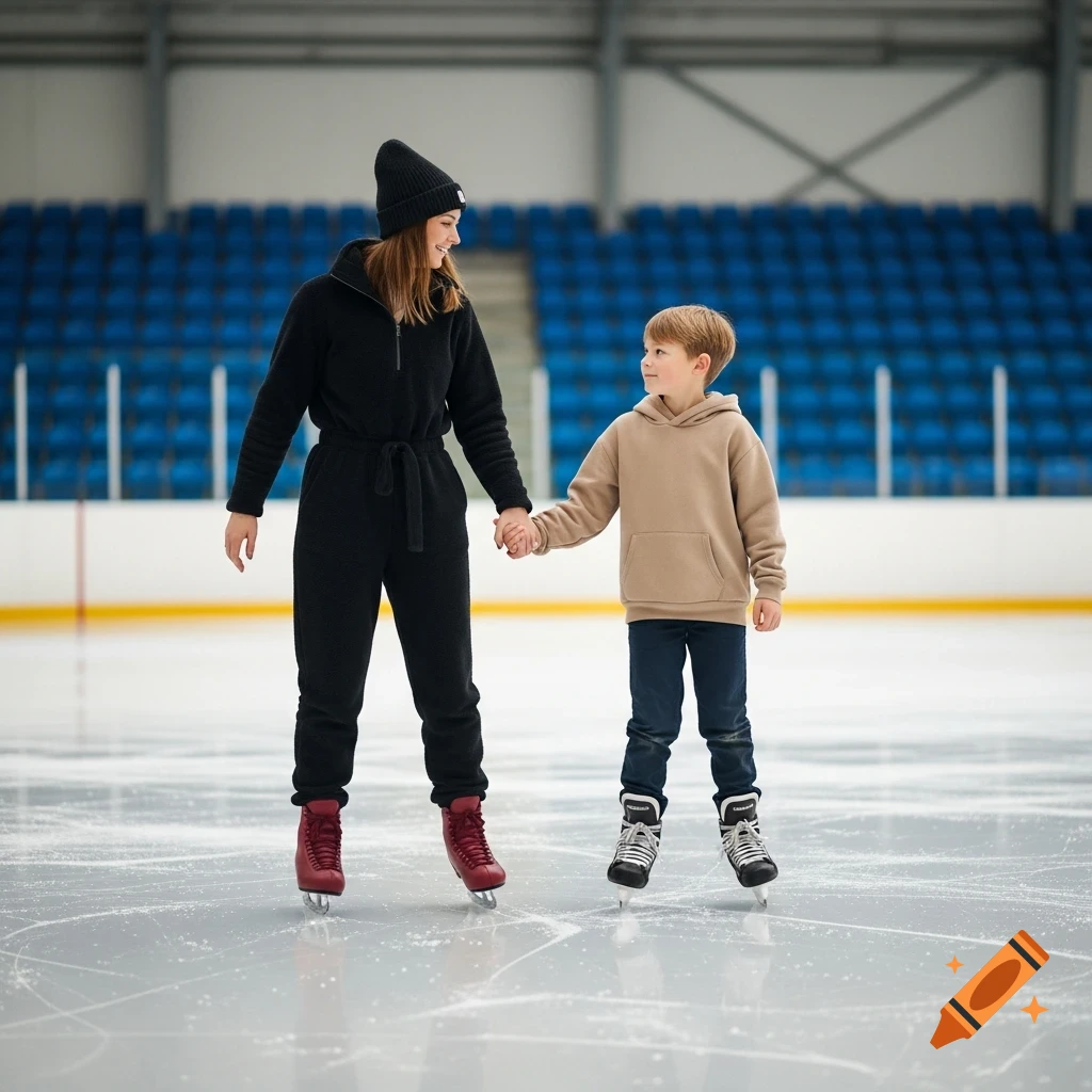 A mother and son ice skating on a rink, holding hands and smiling, with blue stands in the background.