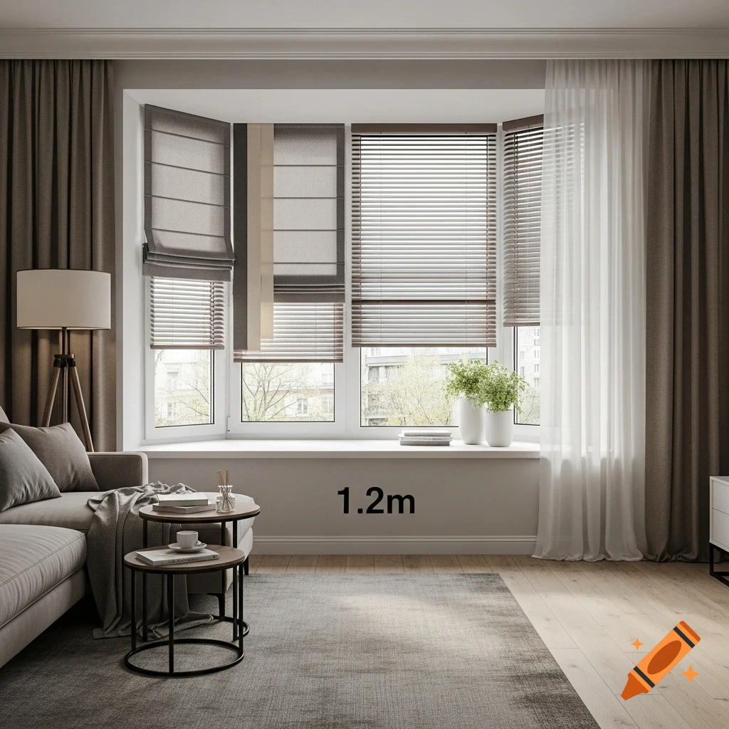 Modern living room with a bay window, various window treatments, a sofa, side tables, and natural light.