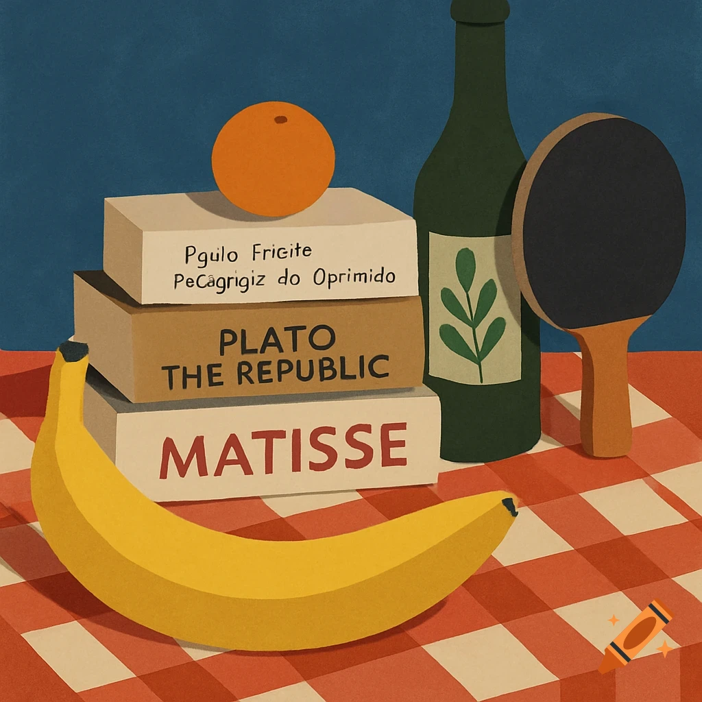 A modern still life in paper cut-out style featuring a banana, a stack of books, an orange, a green bottle, and a ping-pong paddle on a red and white checkered tablecloth.