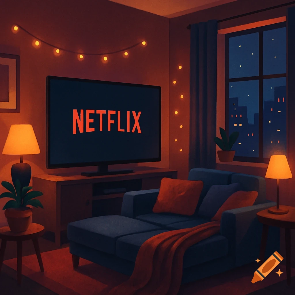 A cozy living room at night with a large TV displaying 'NETFLIX', lamps providing warm light, and a city view from the window.