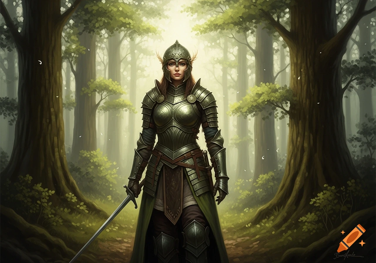 A female warrior in detailed medieval armor stands holding a sword in a sunlit, mystical forest, rendered in an oil painting style.