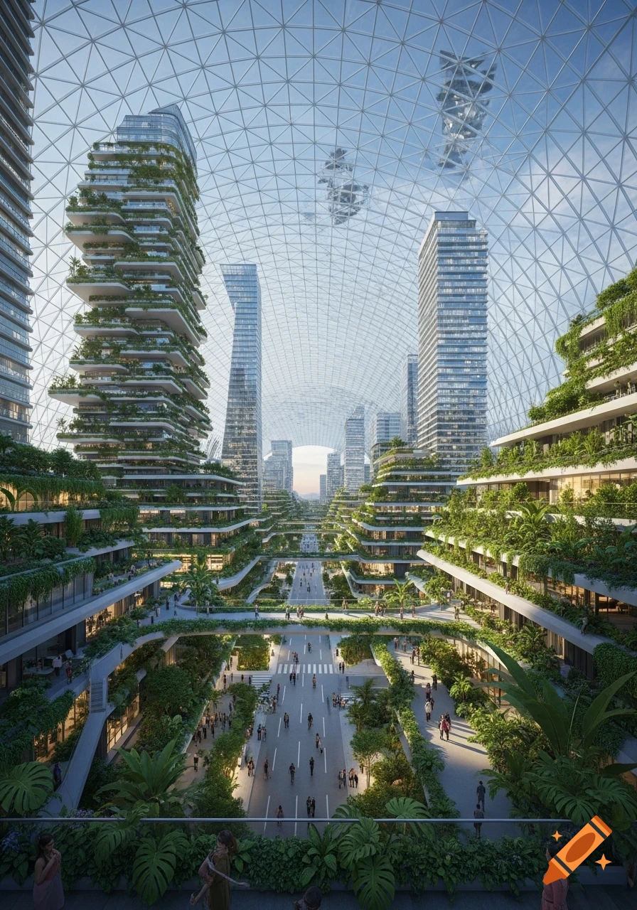 Photorealistic view of a futuristic city under a vast glass dome, featuring multi-tiered green buildings and streets bustling with people.