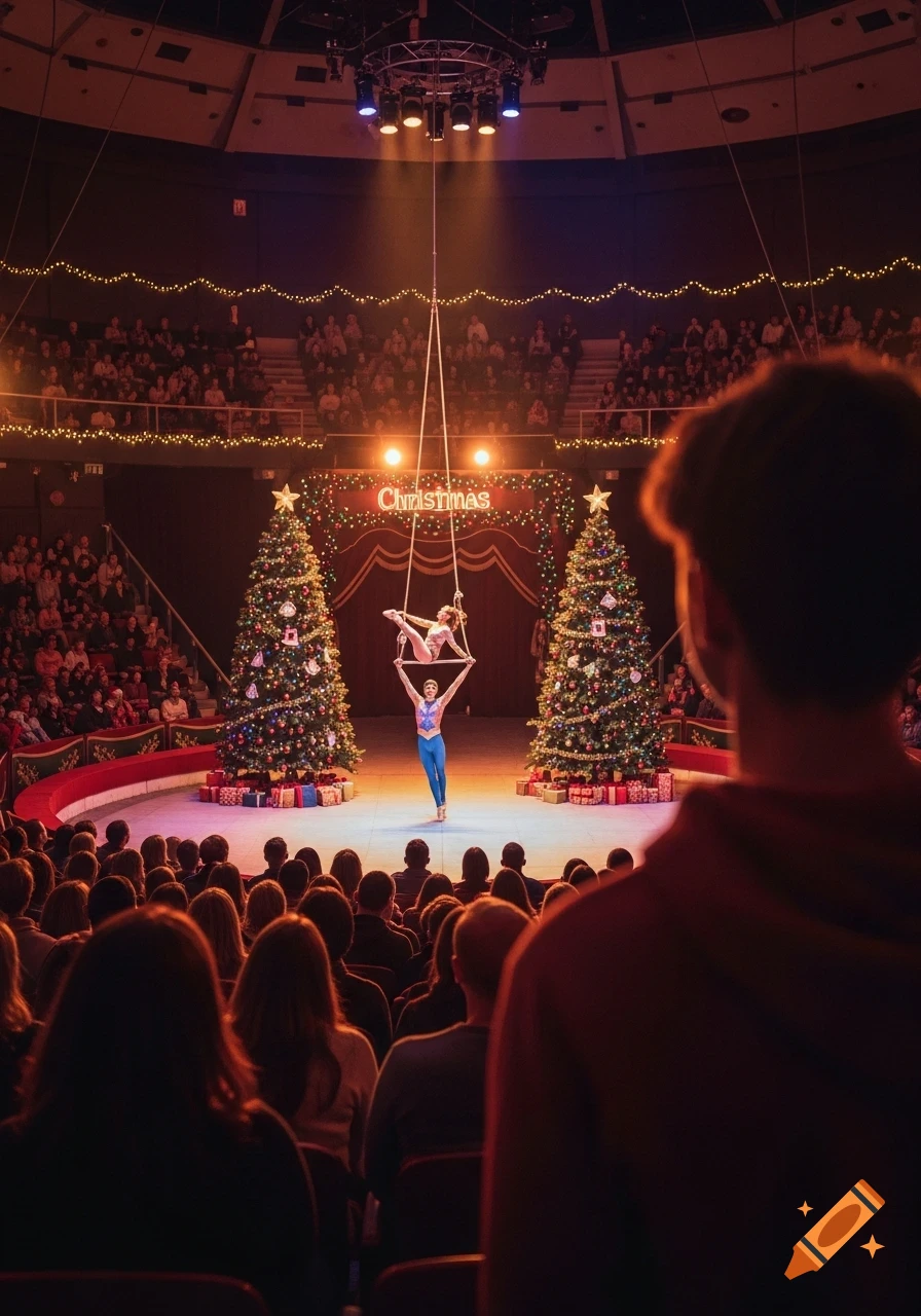 View over a person's shoulder watching acrobats perform between two Christmas trees in a packed circus ring.