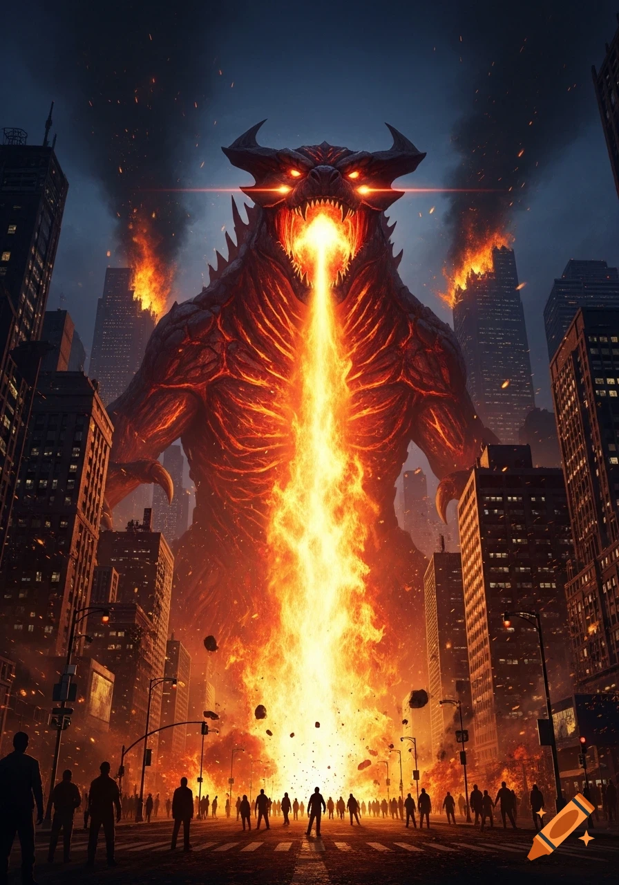 A giant, fiery red kaiju breathes a massive column of fire into a burning cityscape as silhouetted people watch.