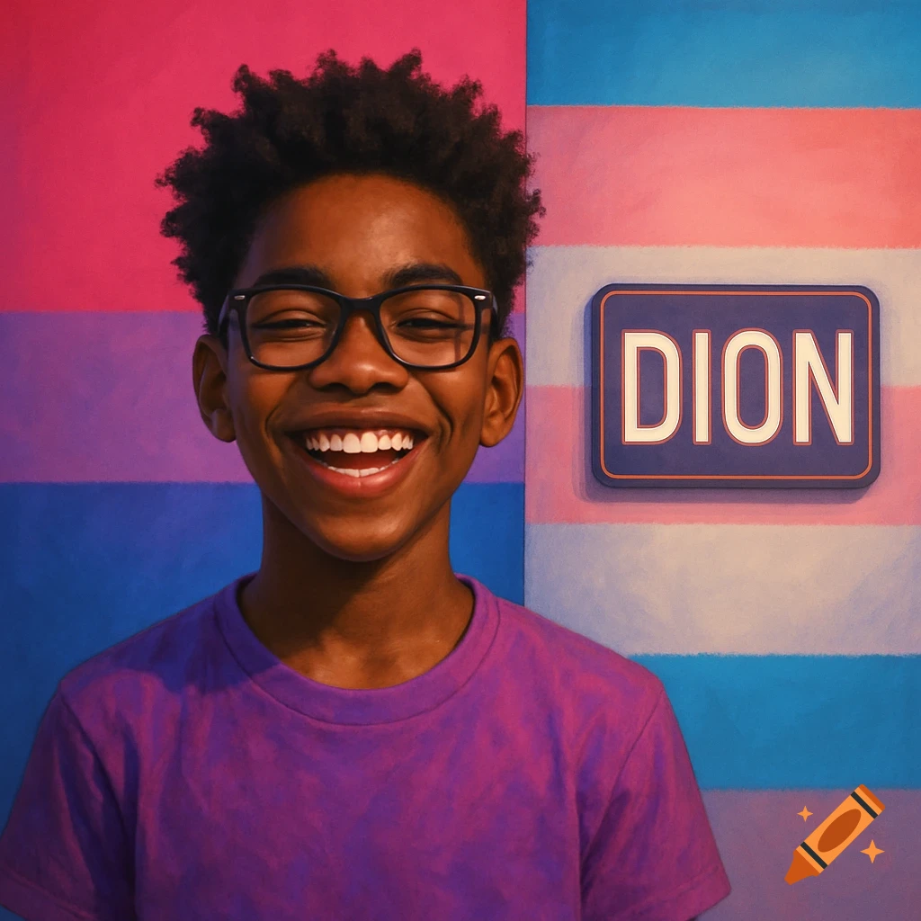 A smiling teenage boy with dark skin, glasses, and an afro stands in front of a split bisexual and transgender flag, with a sign saying "DION".