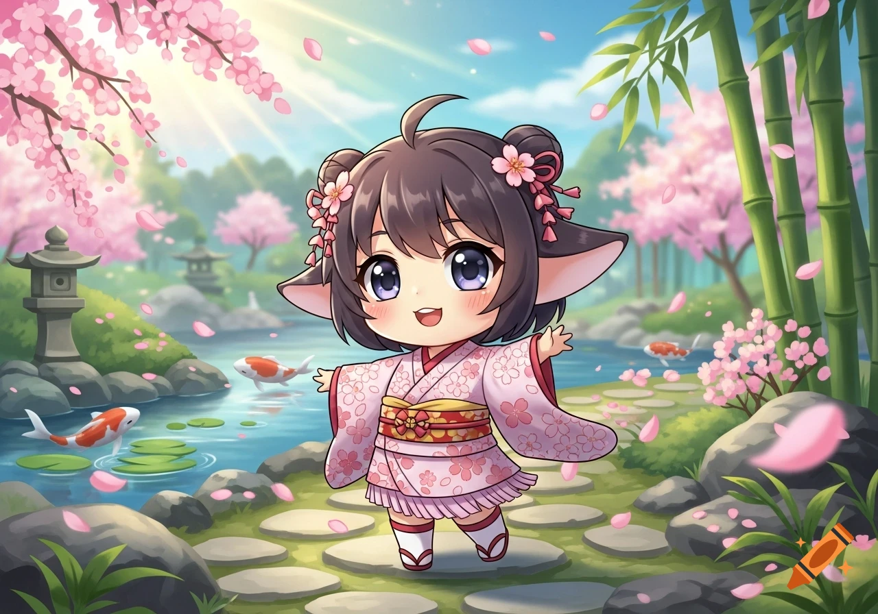 Cute chibi character with elf ears in a pink kimono, standing in a vibrant Japanese garden with cherry blossoms and koi fish.