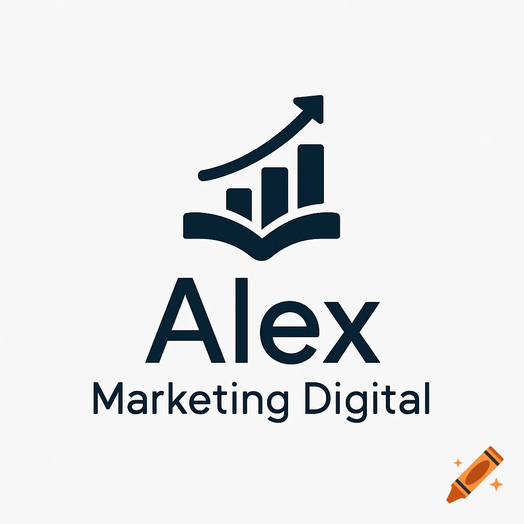 Dark blue minimalist logo with an open book, bar chart, and upward arrow, text reads 'Alex Marketing Digital'.