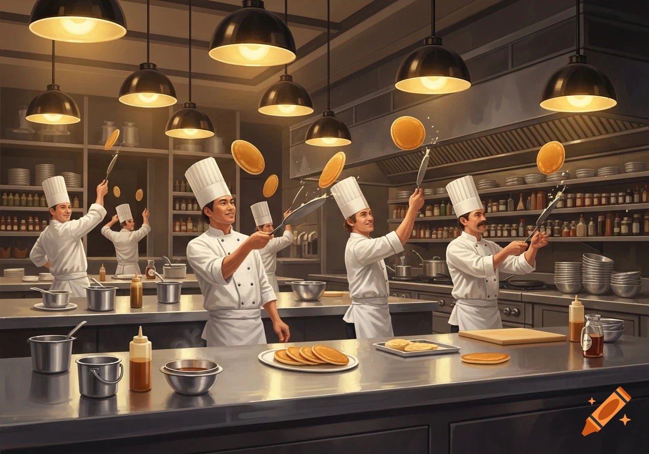 Smiling chefs in white uniforms skillfully flip pancakes in a busy, well-lit professional kitchen. Illustrated.