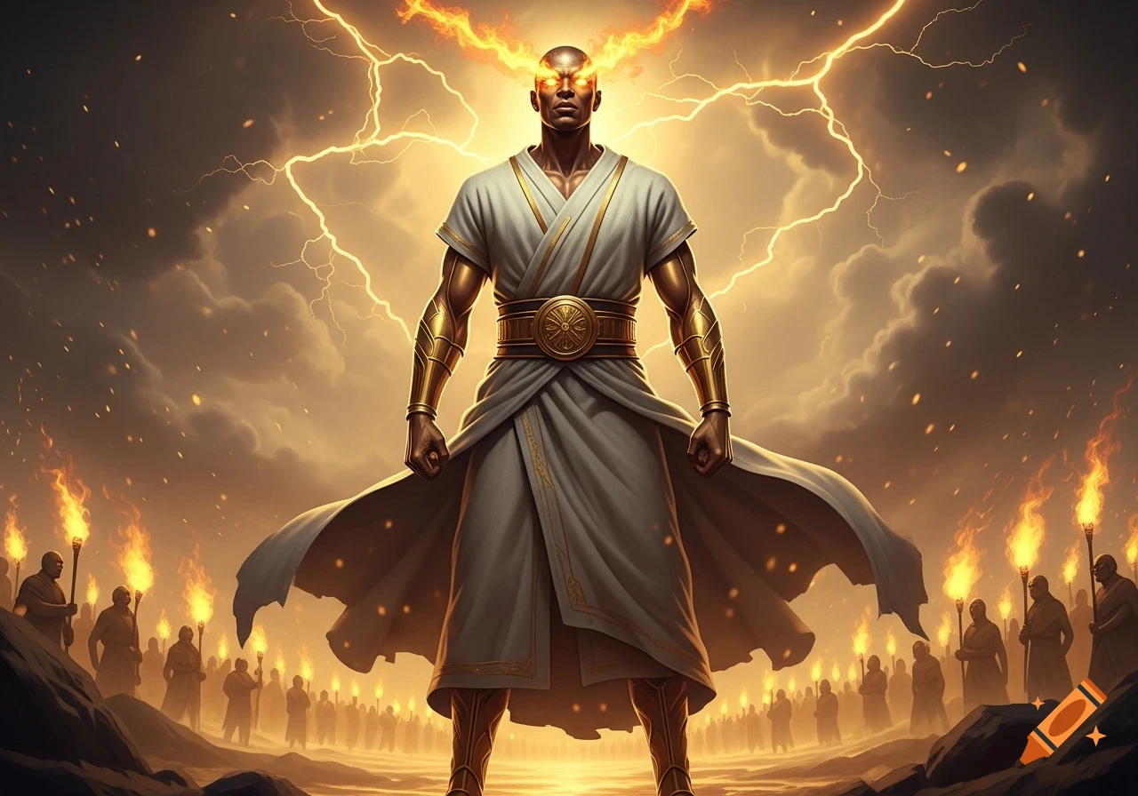 A powerful bald man with glowing eyes, golden armor, and a white robe stands before a multitude with torches under a stormy, lightning-filled sky.