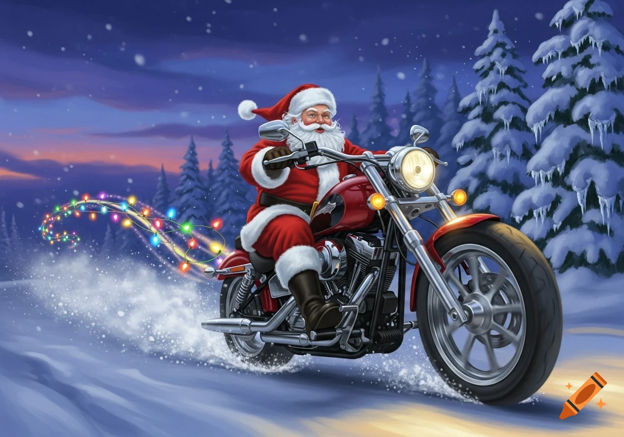 An illustration of Santa Claus riding a red motorcycle on a snowy road at dusk, with colorful Christmas lights trailing behind.