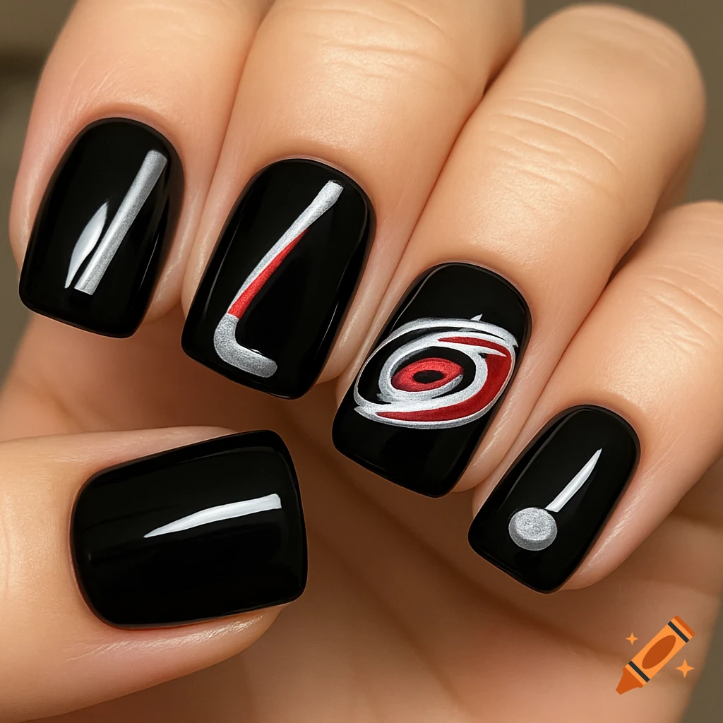 Close-up of a hand with black acrylic nails featuring Carolina Hurricanes hockey designs, including a stick, logo, and puck.