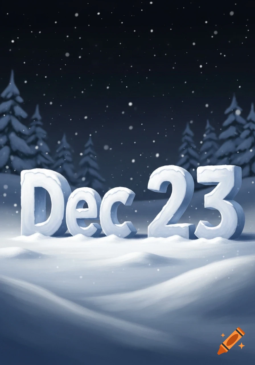 Snow-covered letters spelling 'Dec 23' in a night winter forest scene with falling snow.