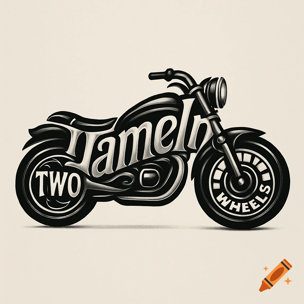 A black and white stylized illustration of a motorcycle, with 'Hameln' forming its body and 'TWO WHEELS' on the tires.