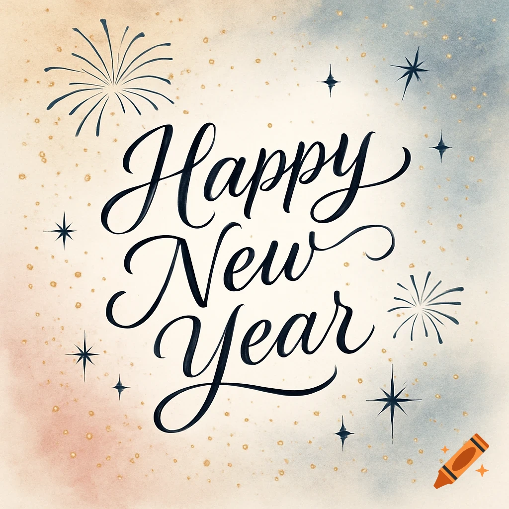 Elegant "Happy New Year" calligraphy on a soft watercolor background with golden speckles, stars, and fireworks.