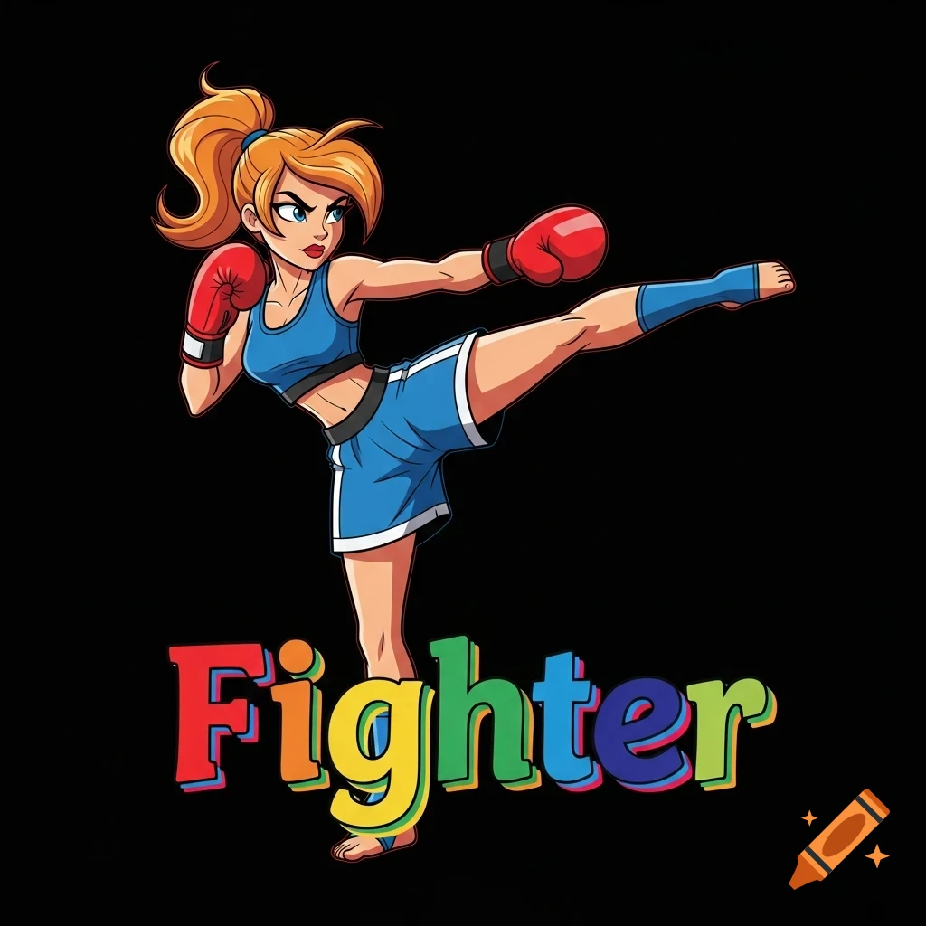 Cartoon girl kickboxer with ginger hair, in blue sports gear and red gloves, mid-kick. The word 'Fighter' in rainbow letters below.