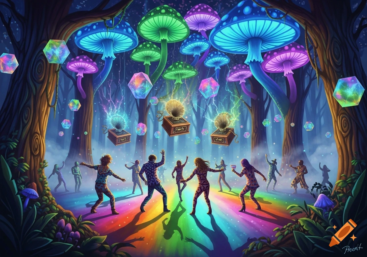 Psychedelic forest party with people dancing on a rainbow path under glowing mushrooms, floating gramophones, and geometric crystals.